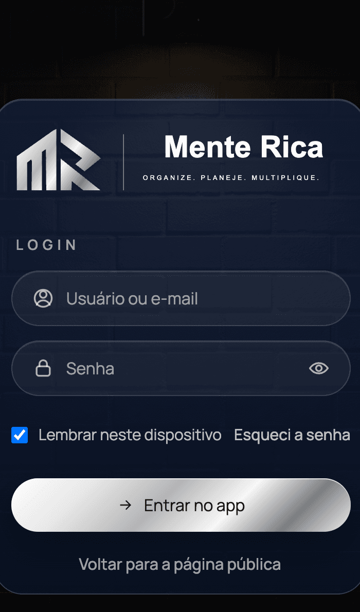 Captura real da tela de entrada do Mente Rica em celular.