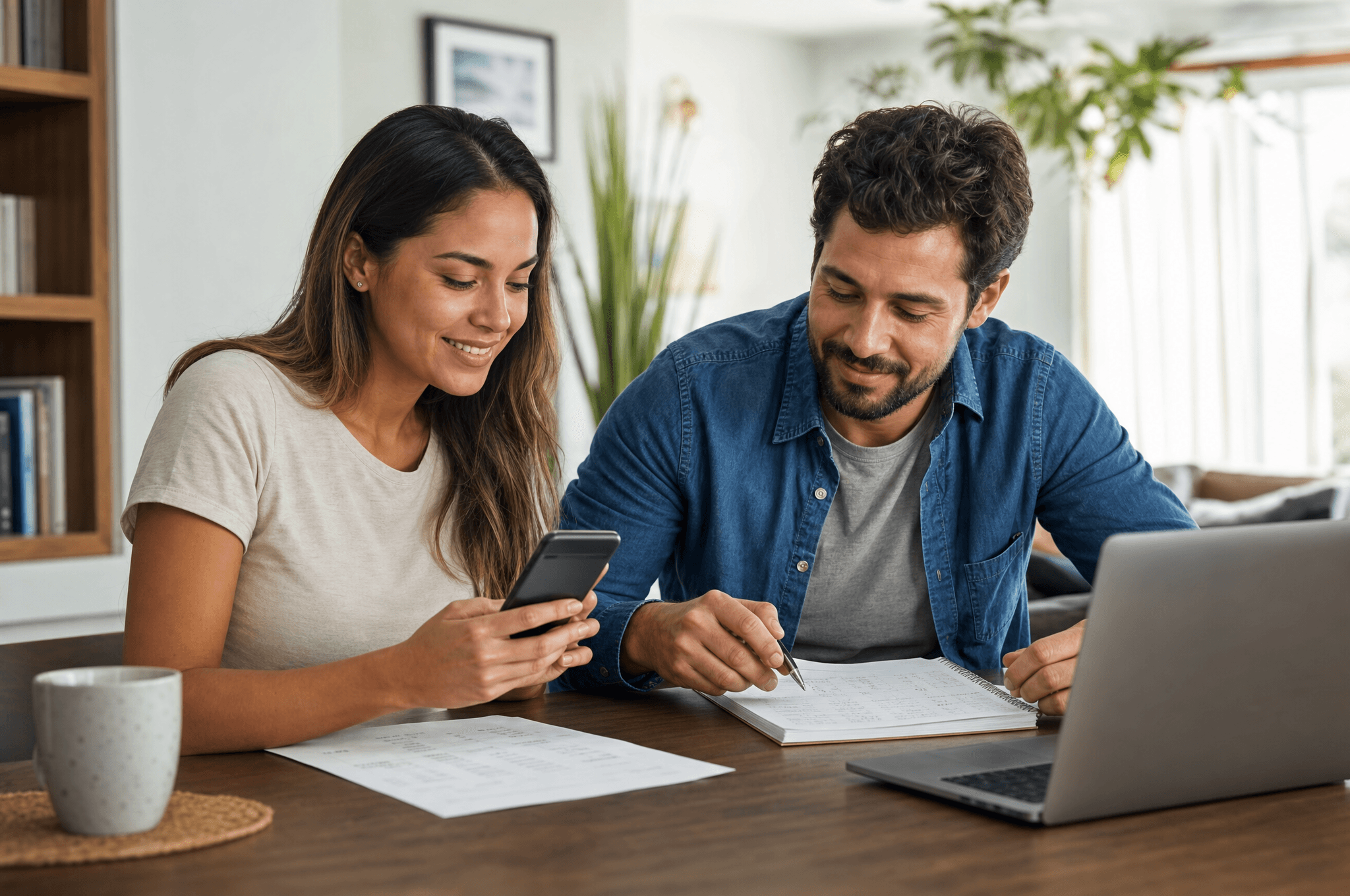 Casal organizando as finanças com apoio do celular, anotações e notebook.