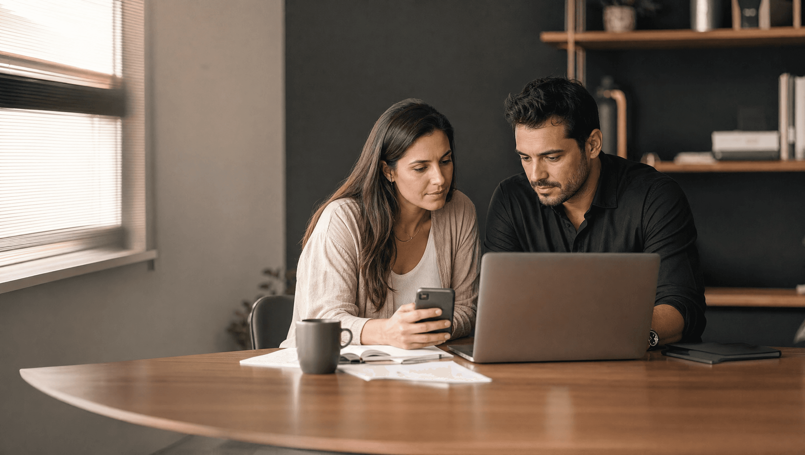 Casal utilizando celular e notebook para organizar as finanças com apoio do Mente Rica.