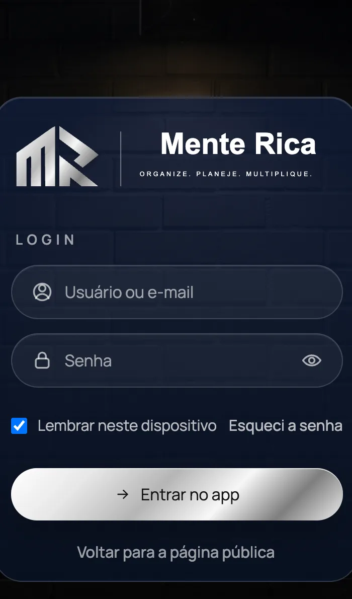 Tela real de entrada do Mente Rica no celular.